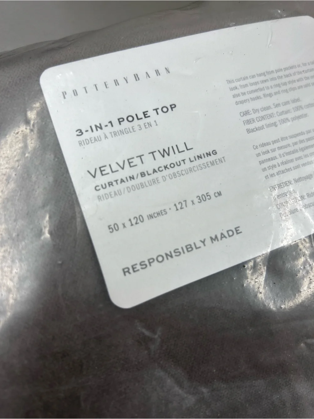 Pottery Barn Velvet Twill Curtain Window Panel Blackout Lining Flagstone Gray